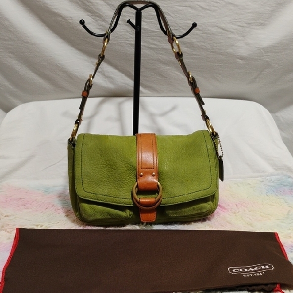 Authentic Coach Green Suede & Brown Leather Shoulder Bag & Dust Bag - Picture 1 of 16